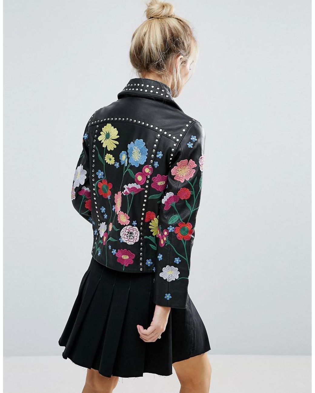 ASOS Premium Leather Biker Jacket With Floral Embroidery