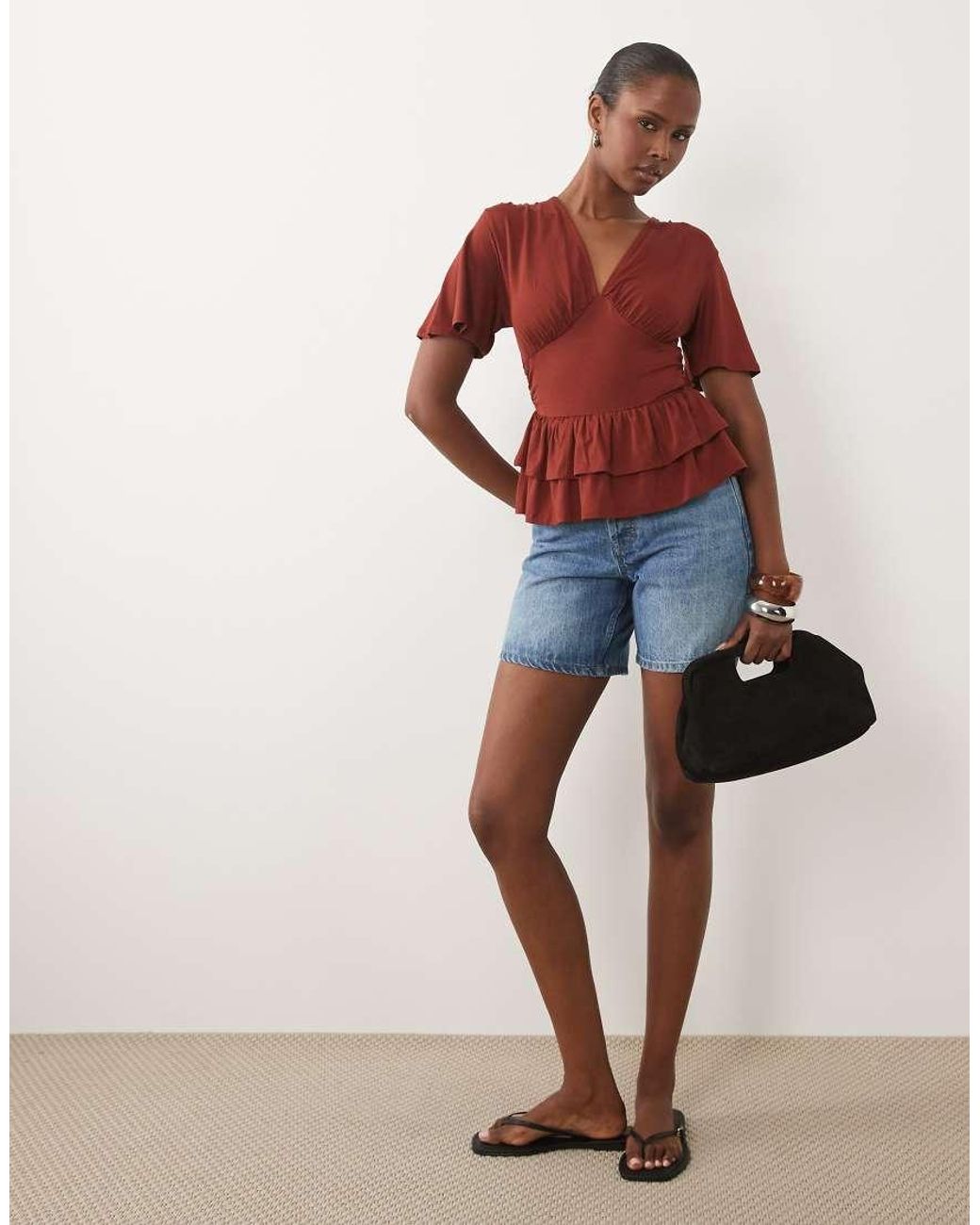 ASOS Red V Neck Top With Ruffle Peplum Hem