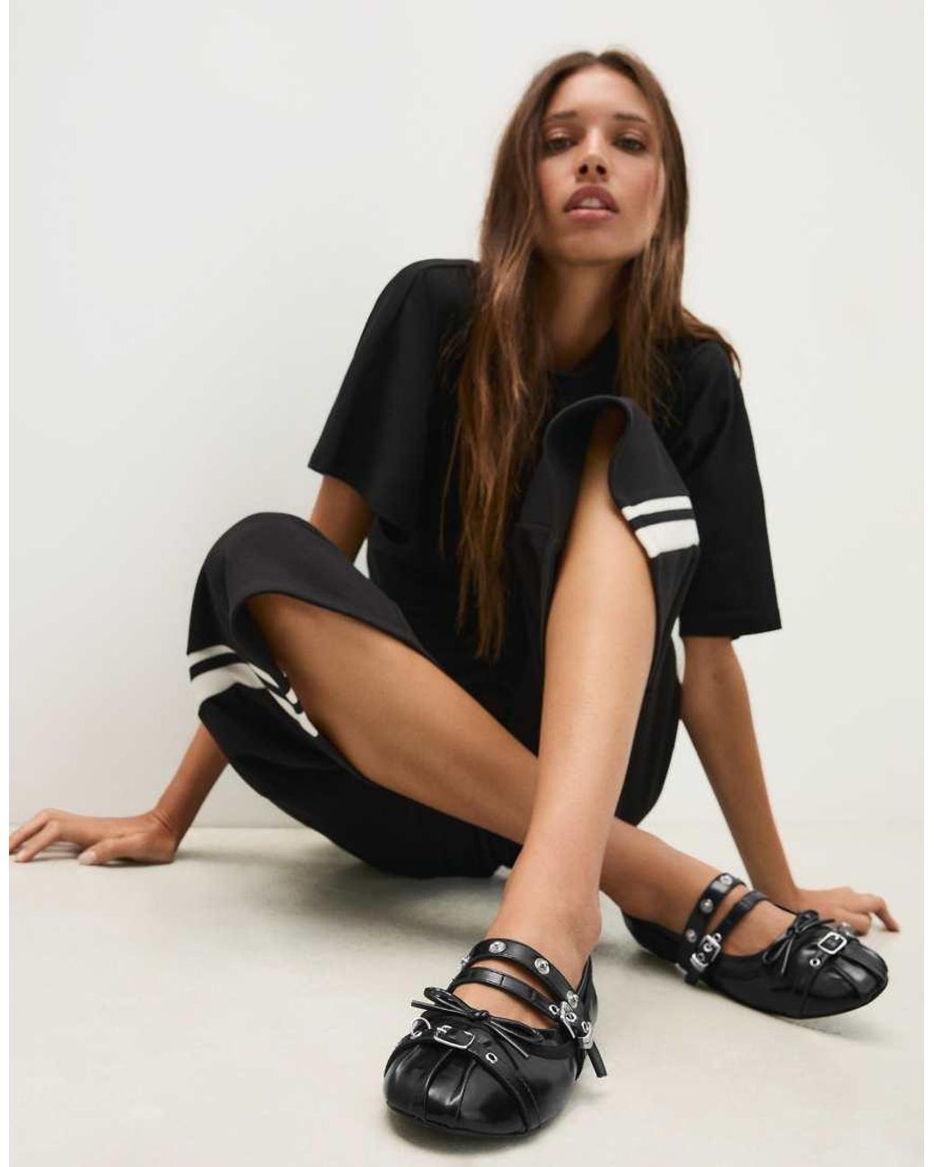 Bershka White Studded Buckle Ballerinas