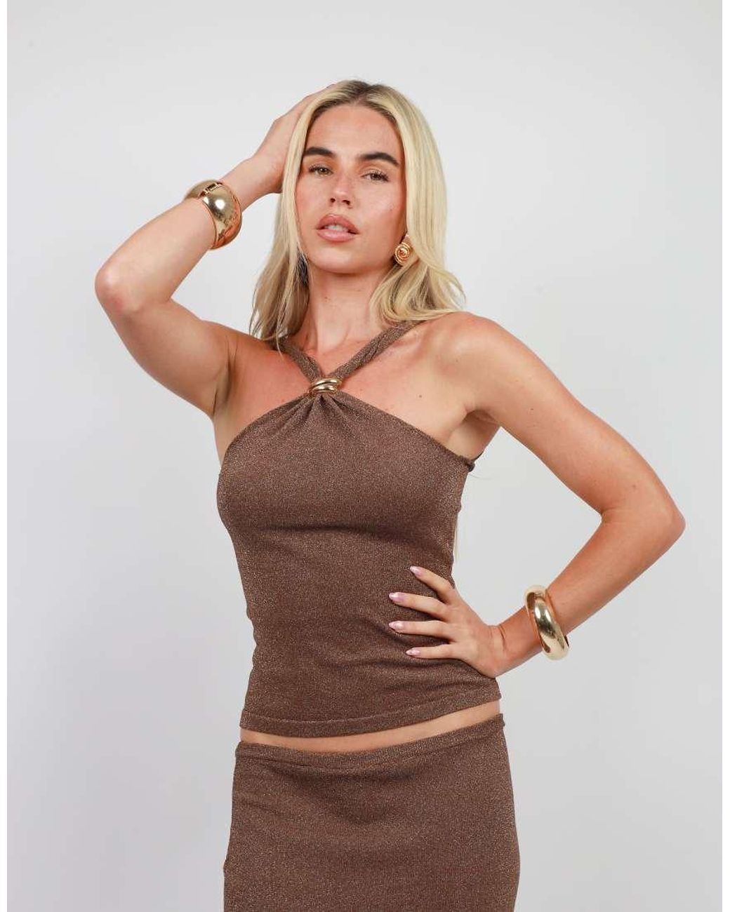 SIMMI Blue Halter Neck Knit Top With Trim