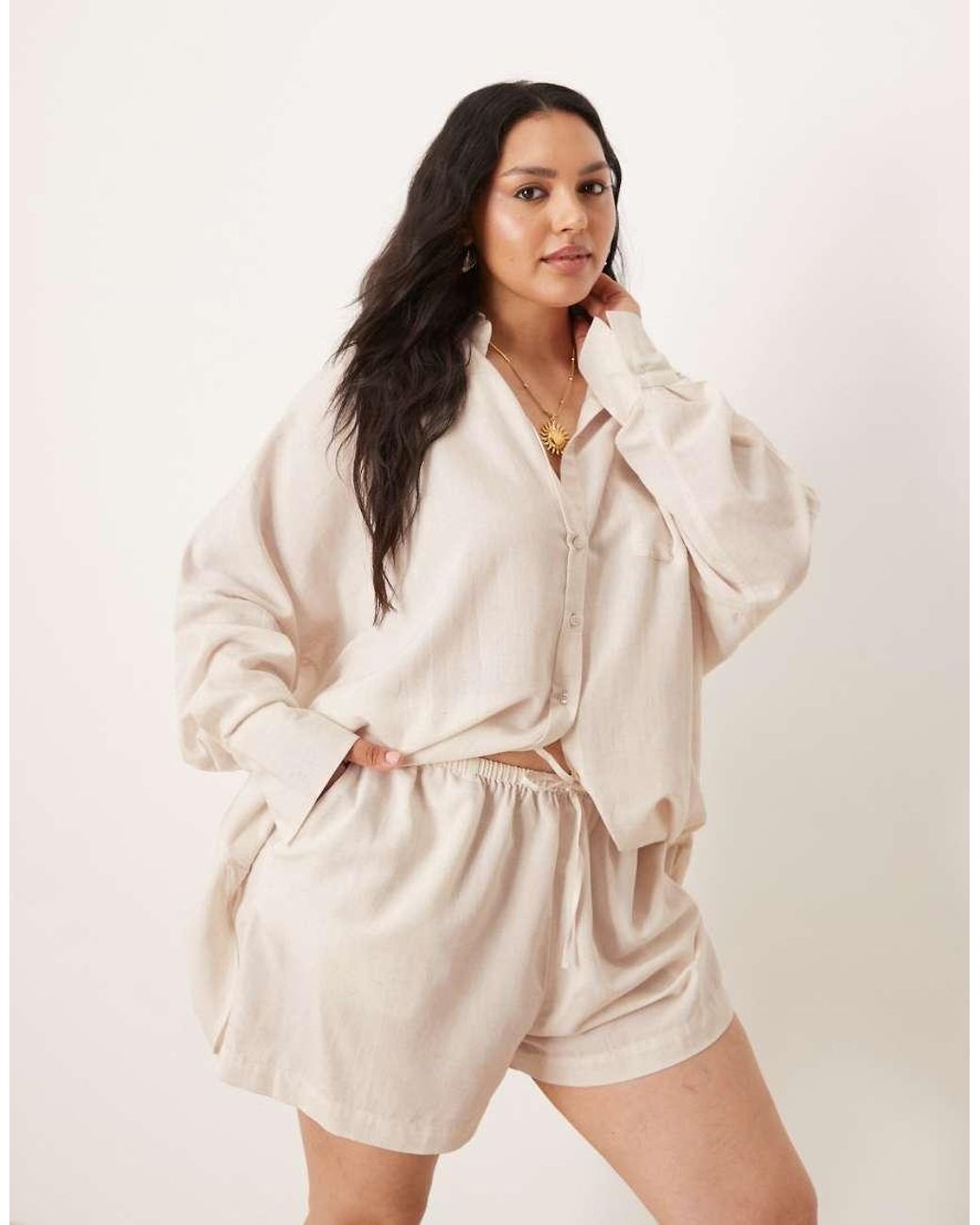 ASOS Natural Asos Design Curve Belle Beach Shorts With Linen
