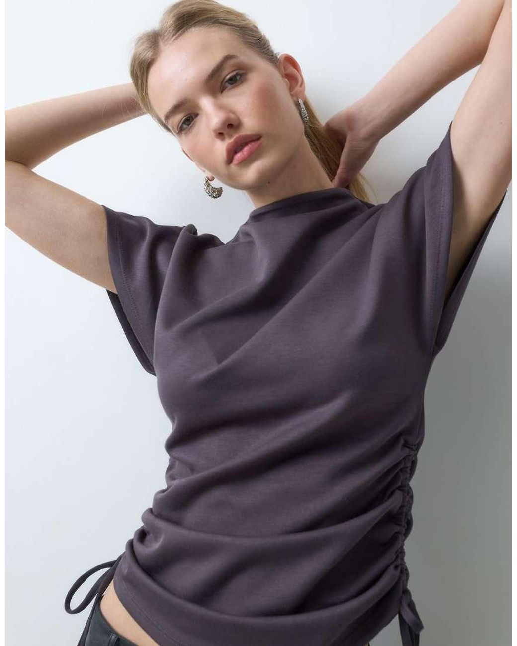 Threadbare Blue Cape Sleeve Top With Side Ruche Detail