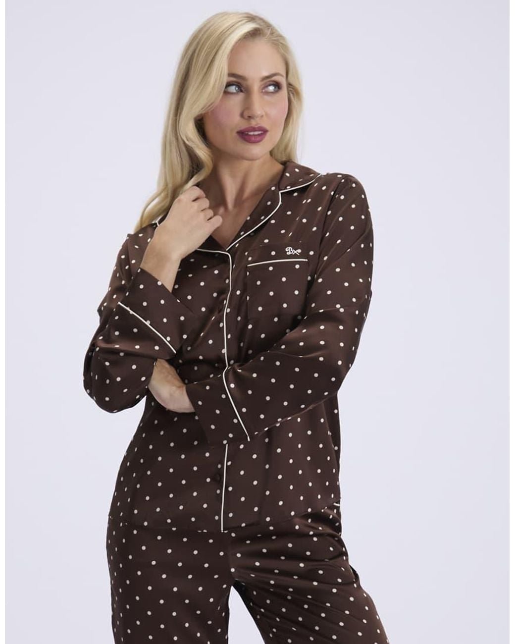 Boux Avenue Brown Polka Dot Satin Long Pyjama Set Top And Trousers Nightwear