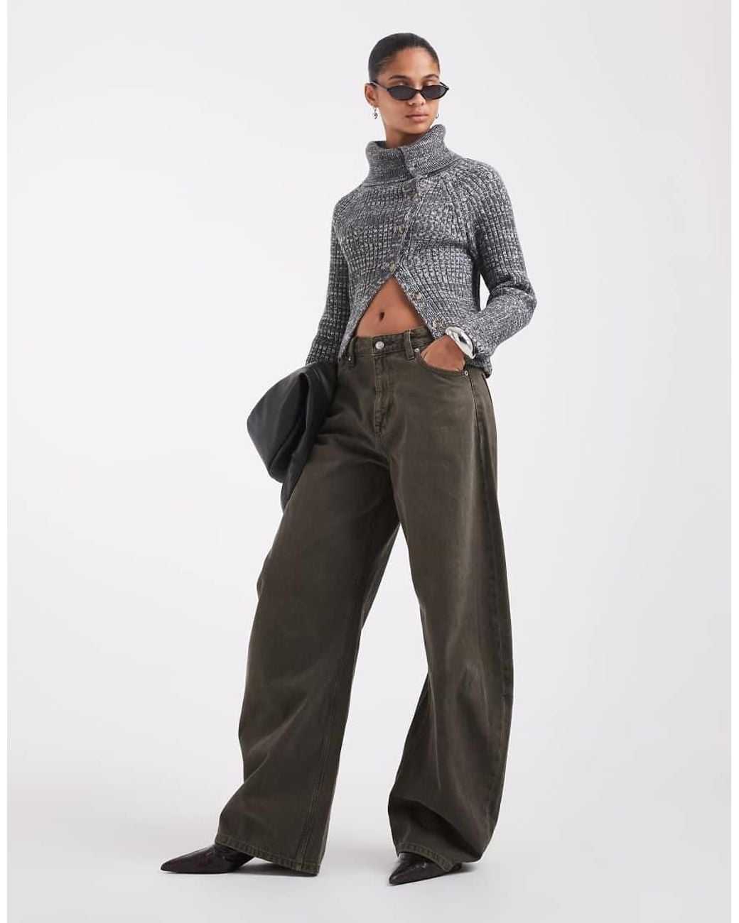 ASOS Gray Aysm Foldover Funnel Neck Cardigan
