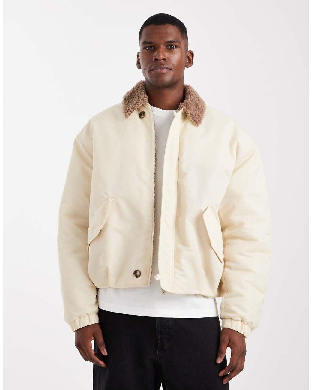 ASOS Natural Bomber Jacket With Borg Collar for men