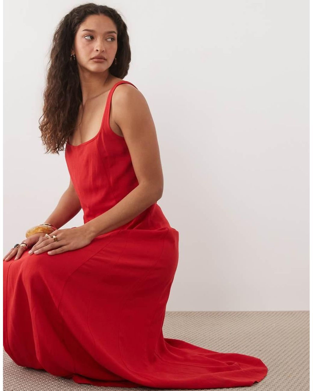 ASOS Red Linen Blend Seam Detail Maxi Dress