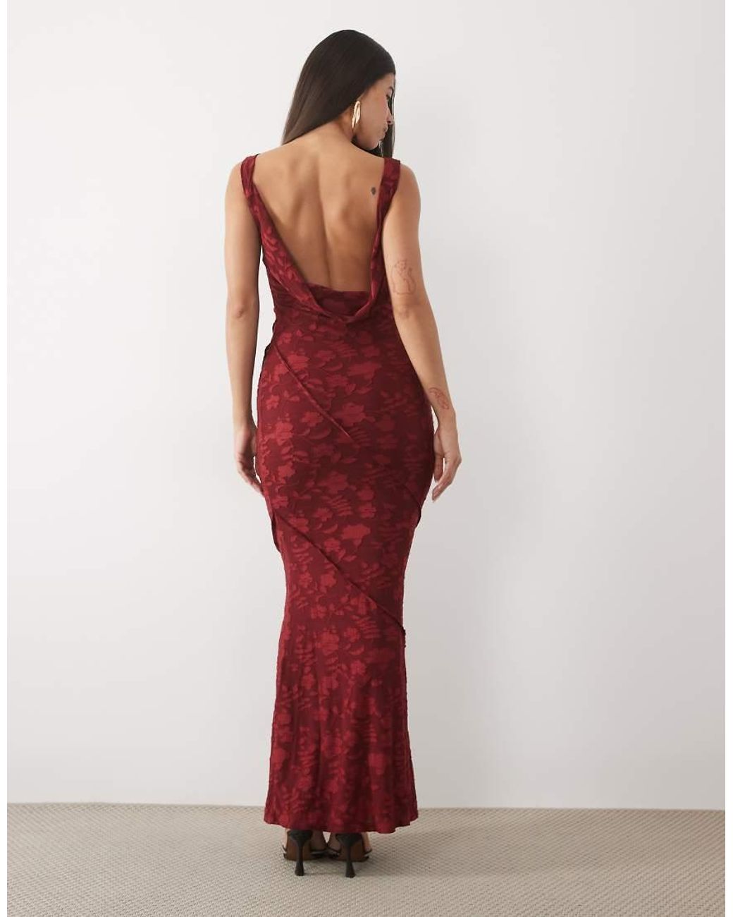 ASOS Red Raw Seam Cowl Back Devore Maxi Dress
