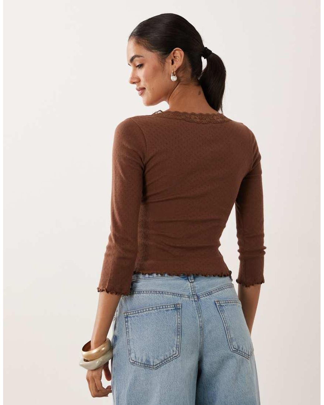 Miss Selfridge Blue Wrap Pointelle Long Sleeve Top
