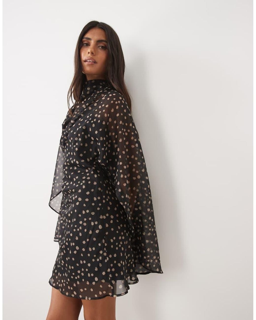 ASOS Brown High Neck Drape Front Extreme Cape Sleeve Mini Dress