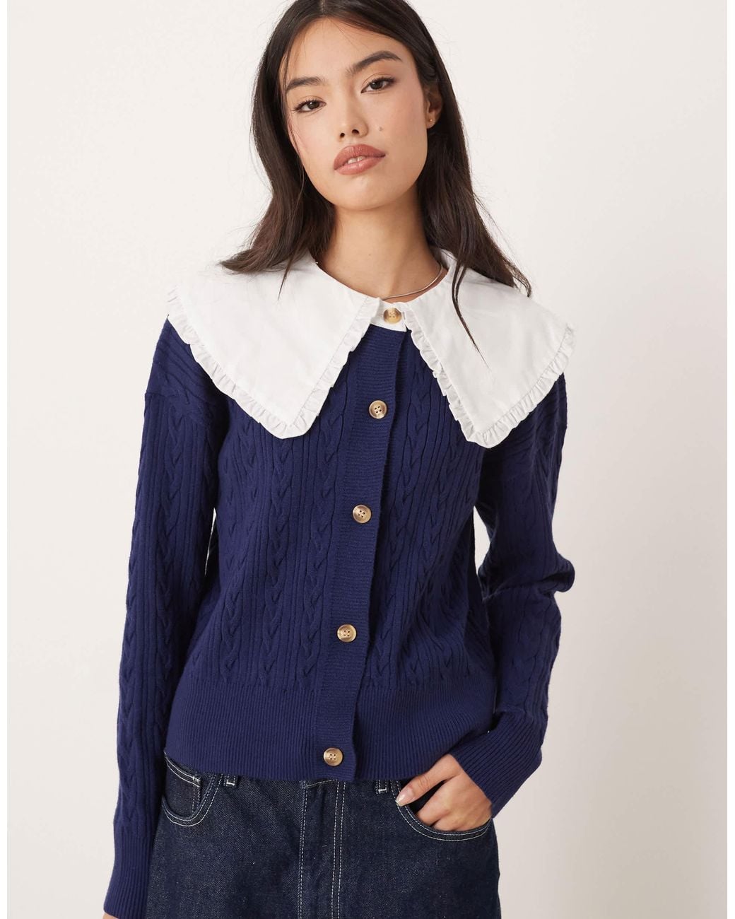 Glamorous Blue Cable Knit Dramatic Collar Cardigan