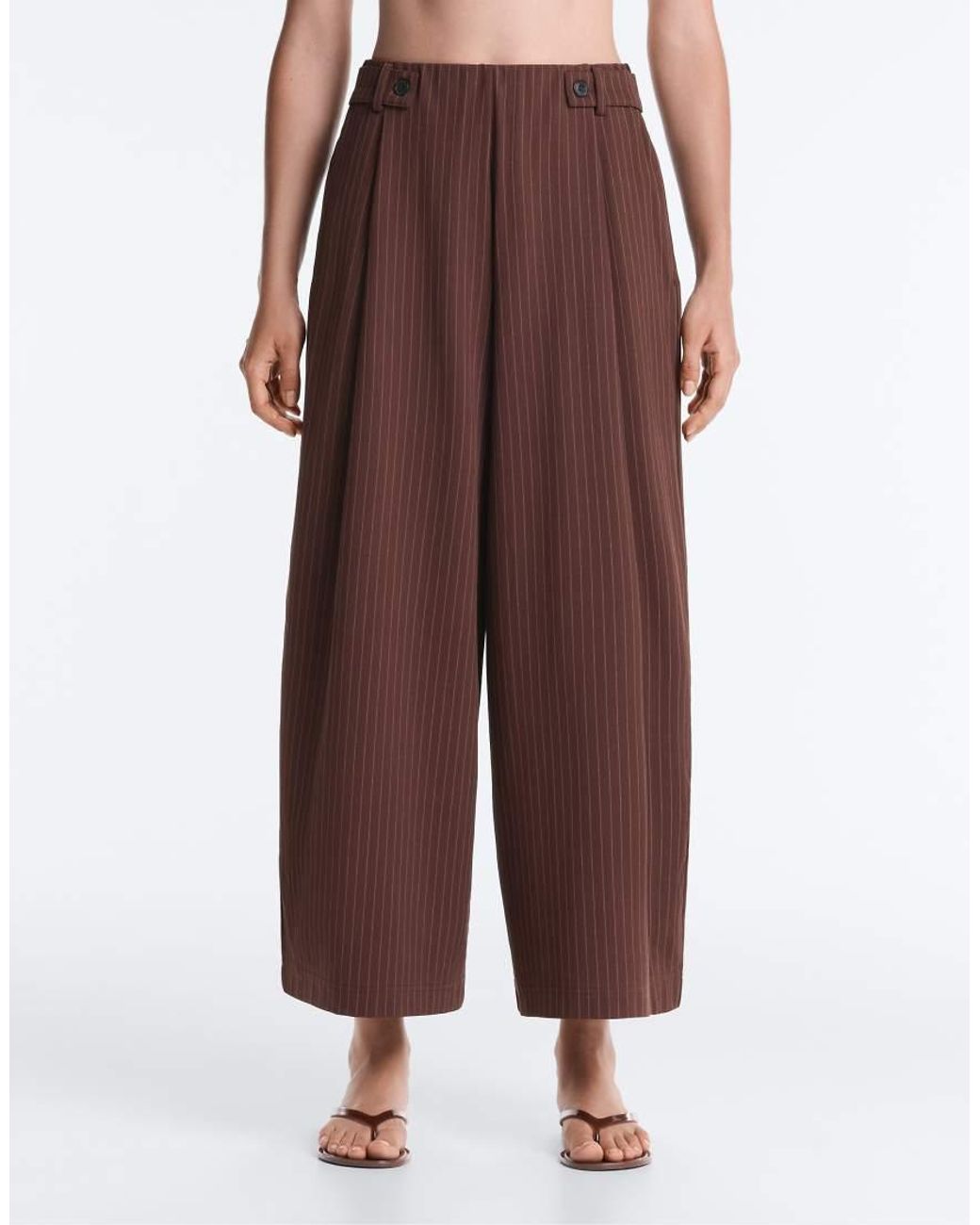 Oysho Brown Pinstripe Cotton Piqué Wide-Leg Trousers