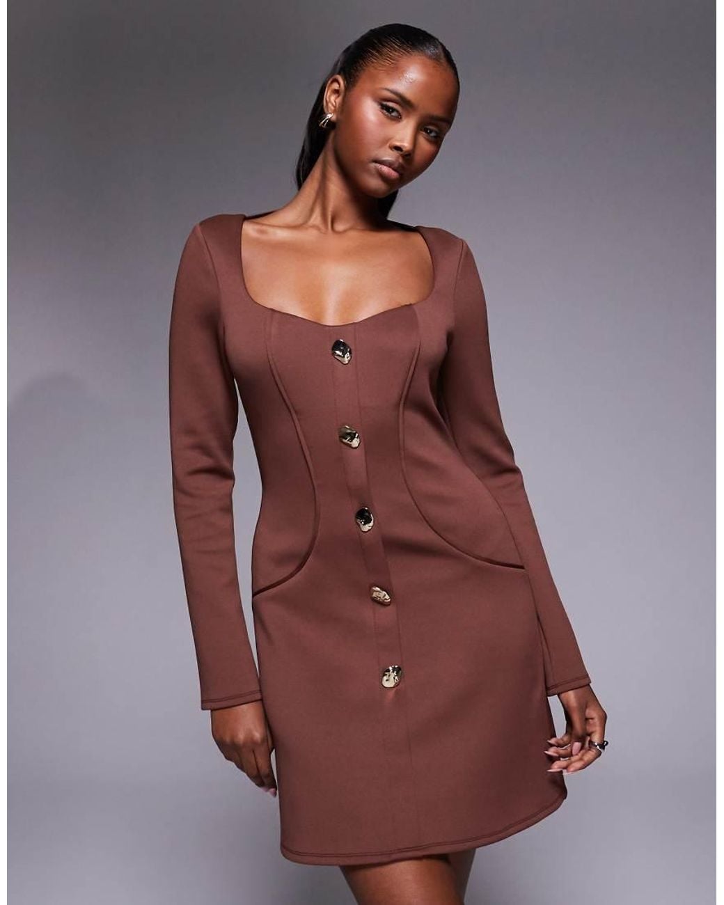 ASOS Brown Tailored Long Sleeve Mini Dress With Gold Detail Buttons
