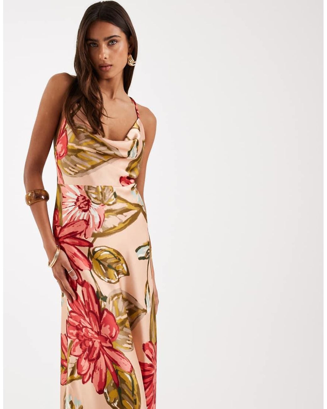 New Look White Satin Cowl Neck Floral Midi Dress