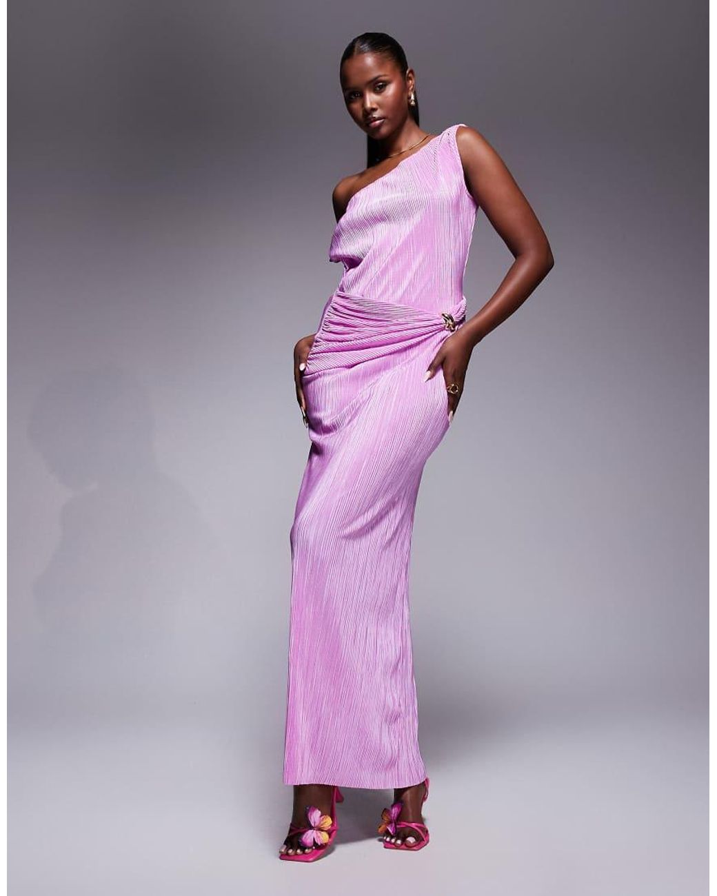 ASOS Purple Twist Fallen Shoulder With Ruching Drape Detail Plisse Maxi Dress