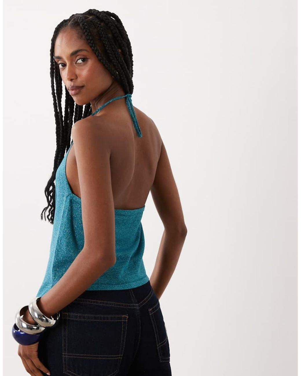 Mango Blue Teen Cowl Neck Shimmer Asymetric Hem Top