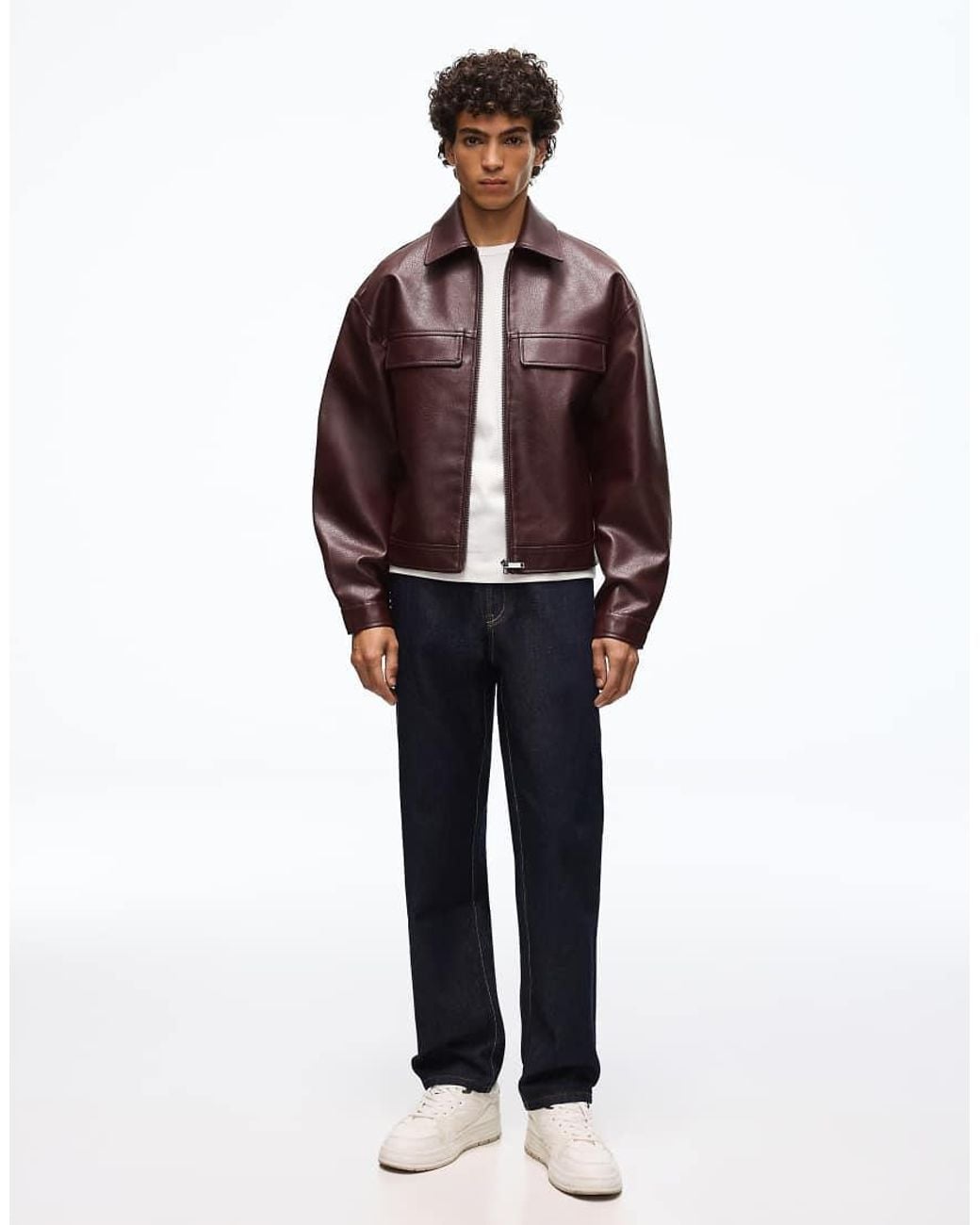 Bershka Brown Boxy Leather Effect Jacket for men