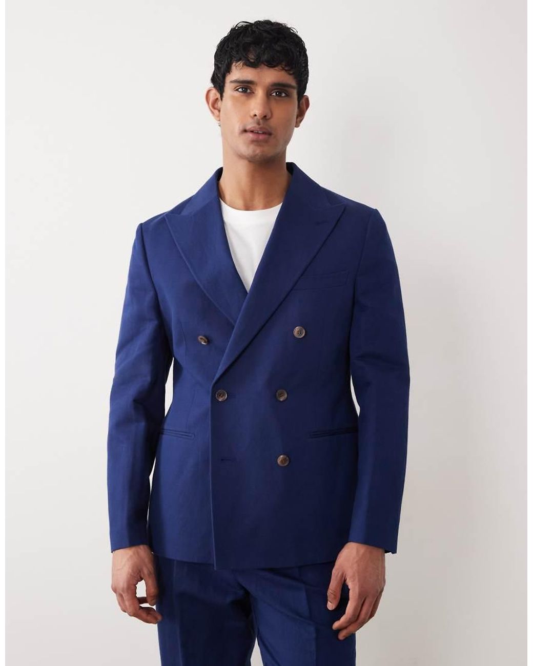 ASOS Blue Slim Linen Rich Double Breasted Suit Jacket for men