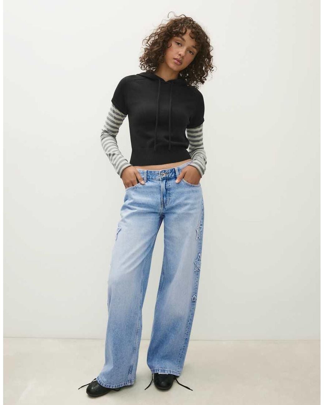 Bershka Gray Hooded Sweater With Contrast Sleeves