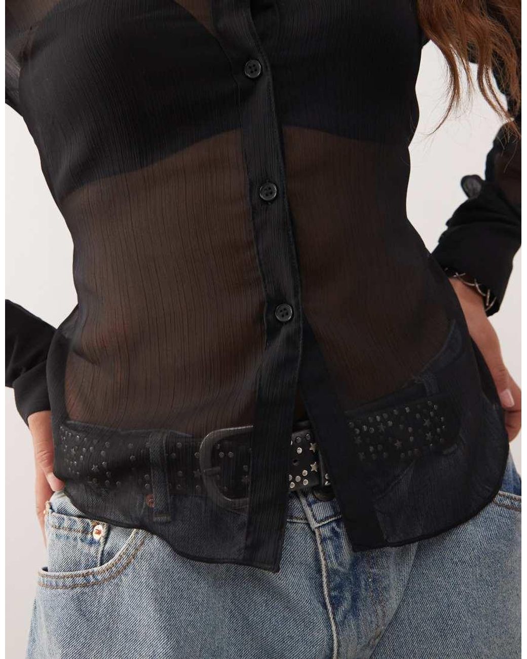 Monki Black Sheer Fitted Shirt With Tie