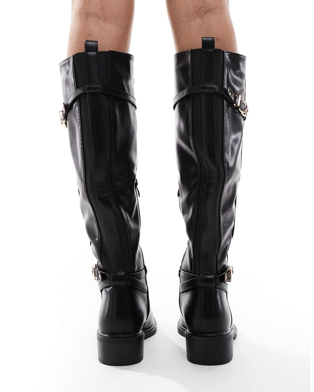 SEQWL Wide Fit Black Latte Buckle Detail Refined Riding Boots