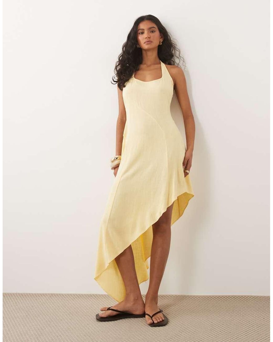 ASOS Natural Linen Blend Halter Seam Detail Midi Dress