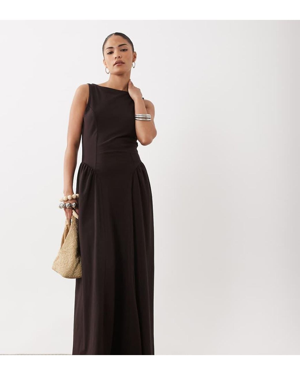ASOS Black Asos Design Petite Boat Neck Waist Detail Midi Dress
