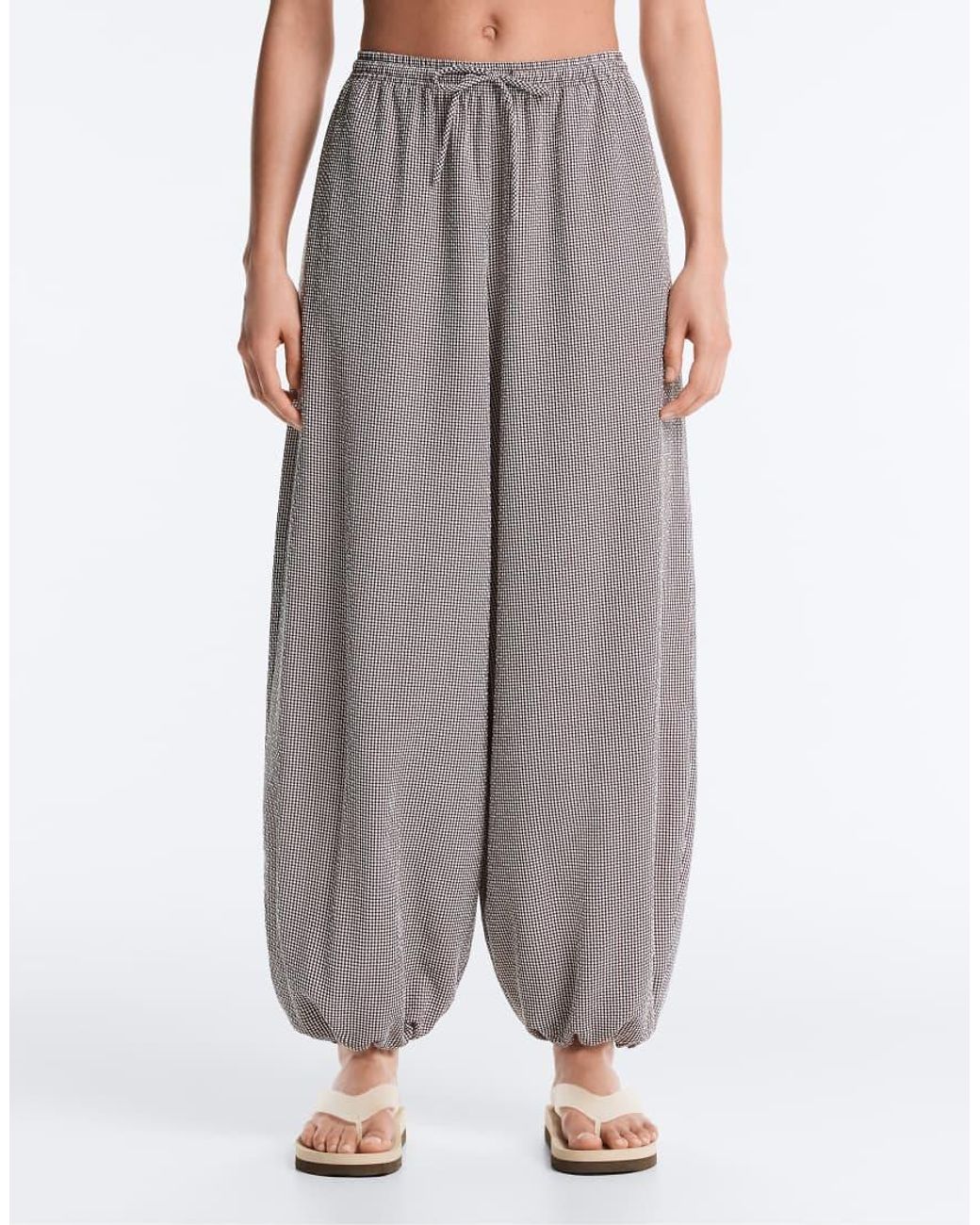 Oysho White Lyocell Blend Gingham Maxi Bloomer Trousers