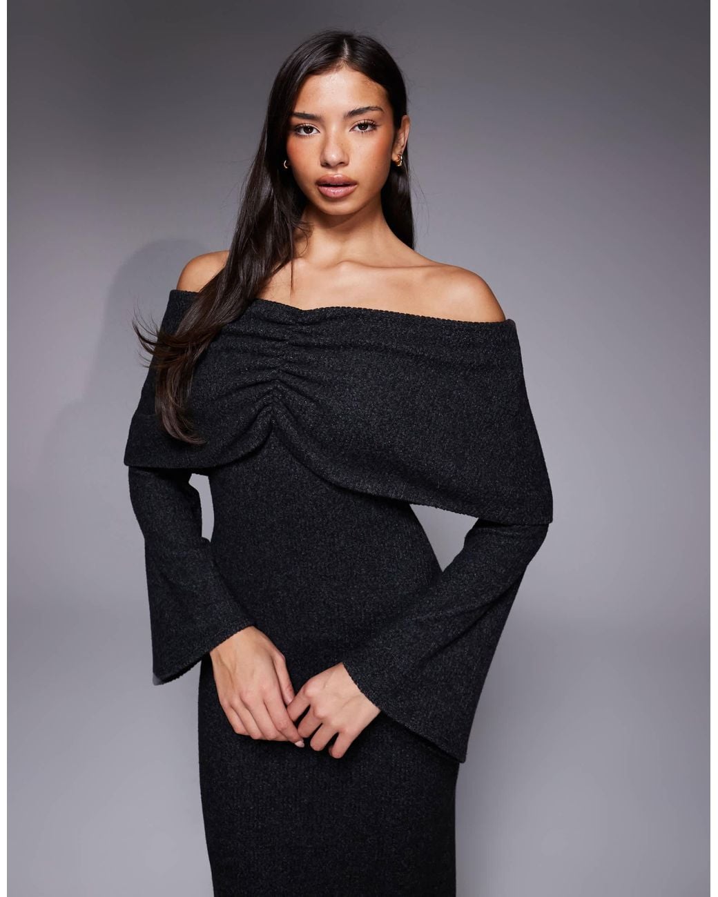 ASOS Ribbed Long Sleeve Fold Over Bardot Maxi Dress in Black | Lyst