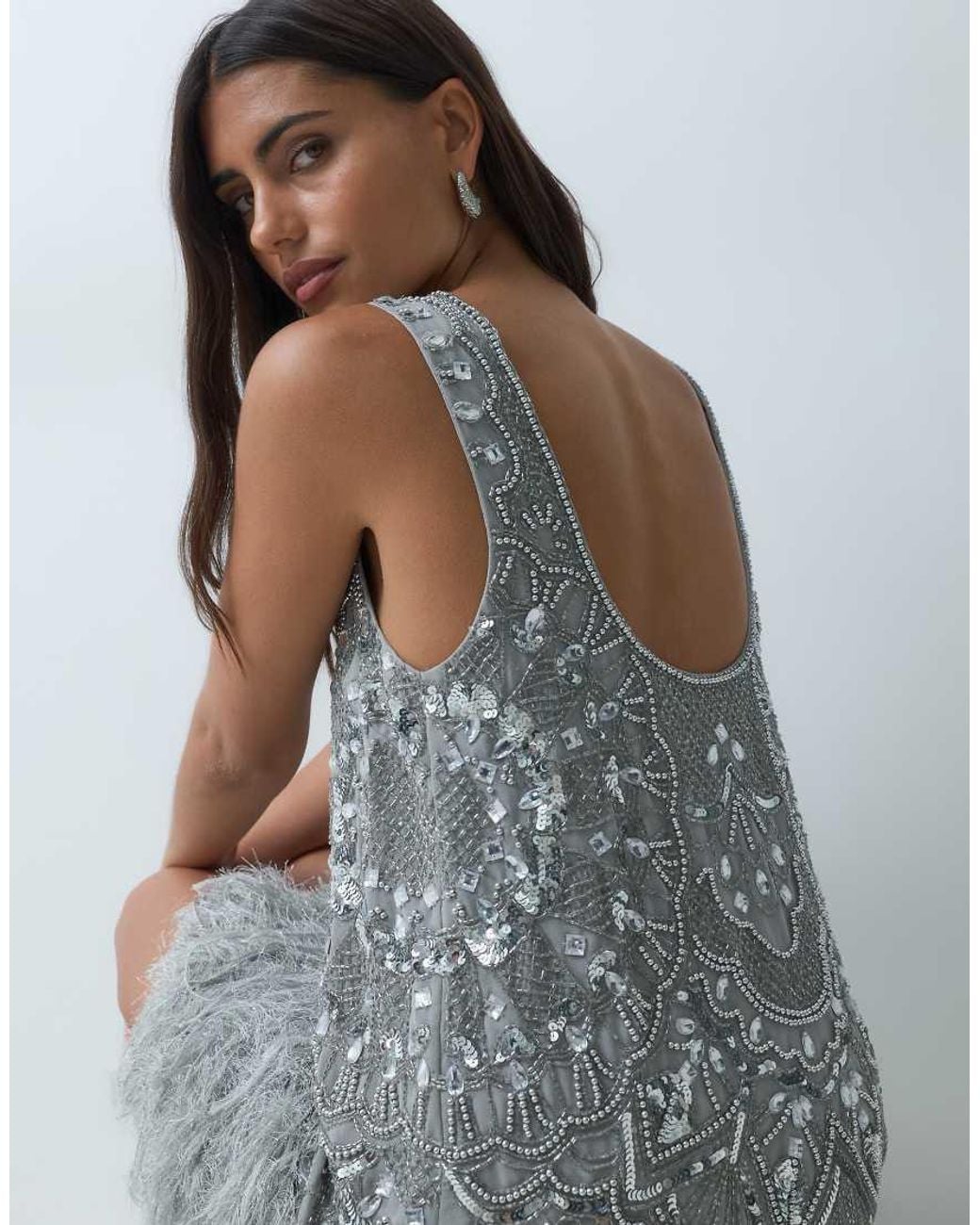 ASOS Gray Embellished Scoop Neck Mini Dress With Faux Feather Hem