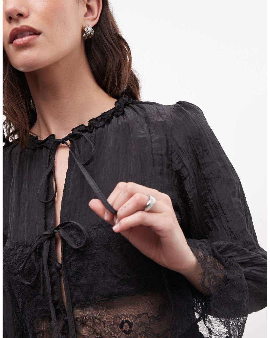 Daisy Street Black Boho Lace Insert Tie-front Blouse