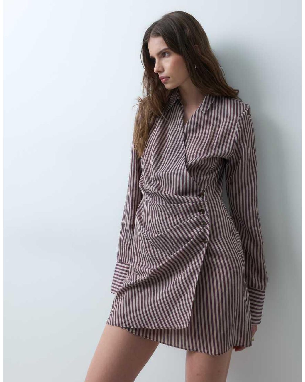 ASOS Gray Shoulder Pad Wrap Shirt Mini Dress With Button Detailing