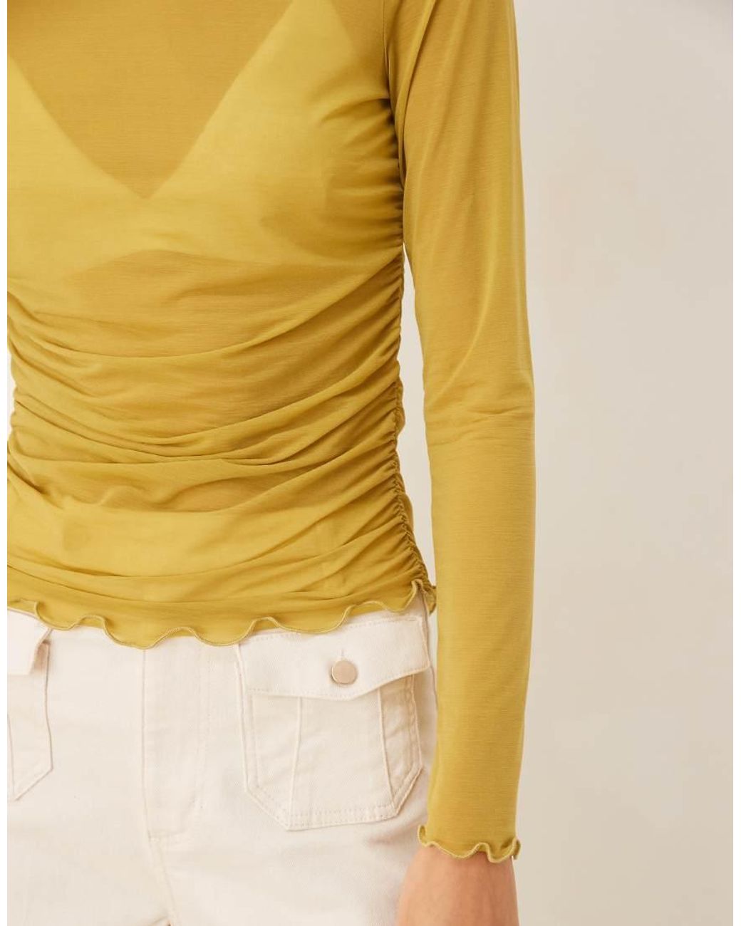 ASOS Yellow High Neck Mesh Semi Sheer Long Sleeve Top