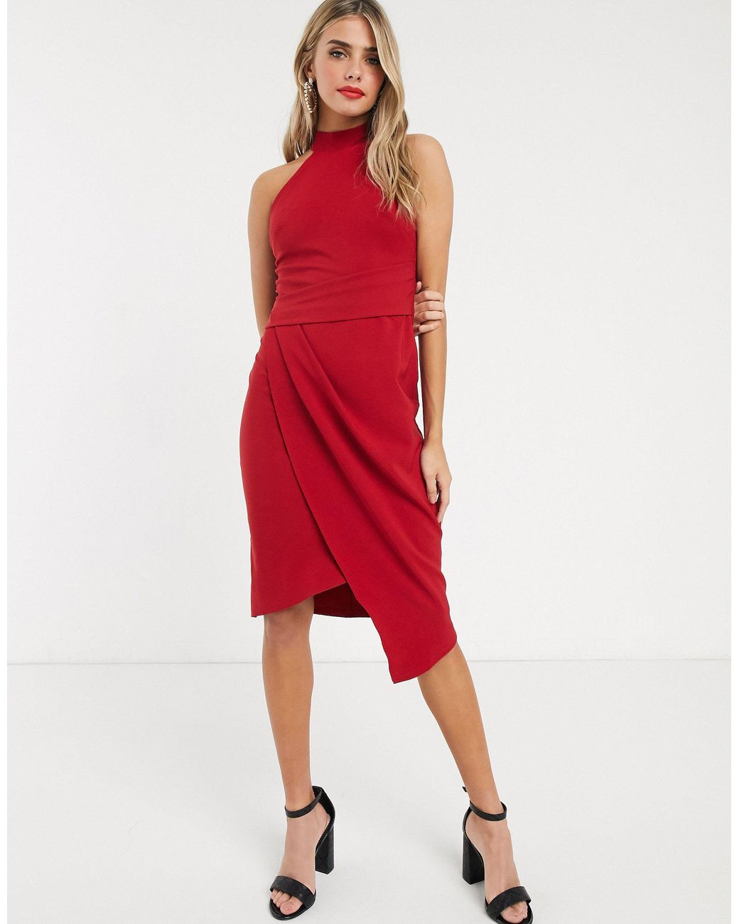 Lipsy Halterneck Asymmetric Pencil Dress in Red | Lyst Australia