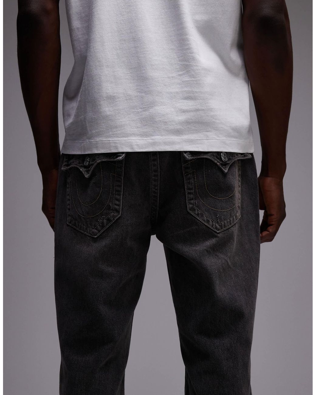 True Religion Gray Ricky Frayed Embroidered Logo Front Detail Flap Pocket Straight Jeans for men