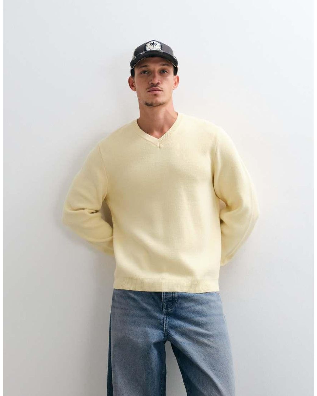 ASOS Natural Oversized V Neck Knitted Jumper for men