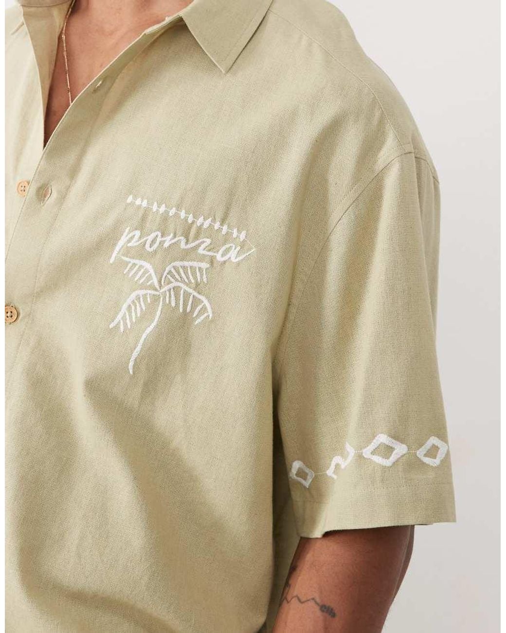 ASOS Natural Oversized Shirt With Linen And Embroidery for men