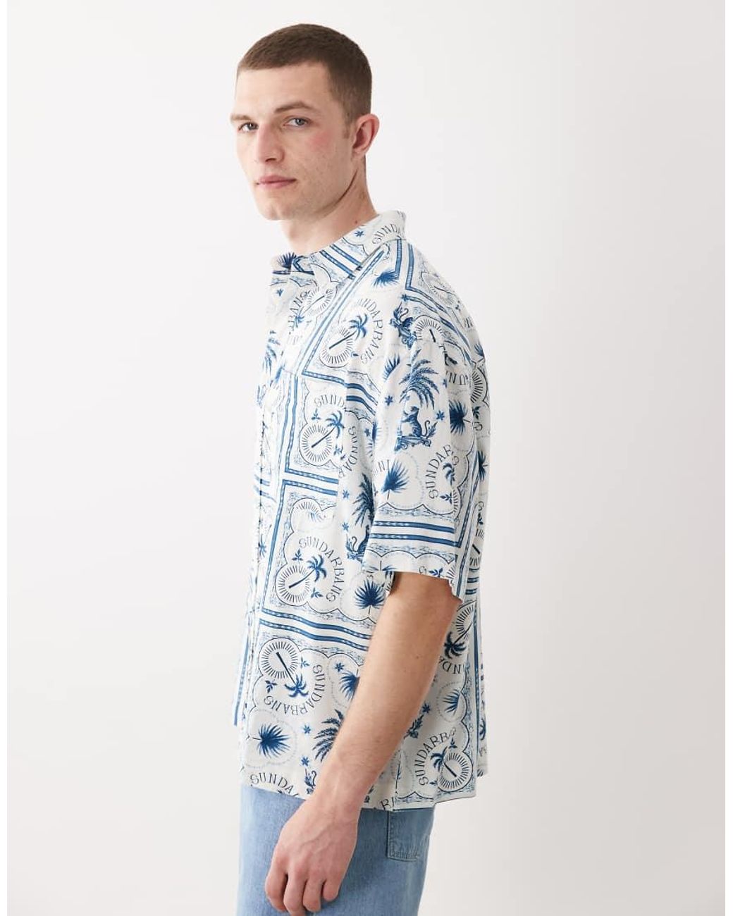 ASOS Blue Oversized Linen Blend Shirt With Tile Print for men