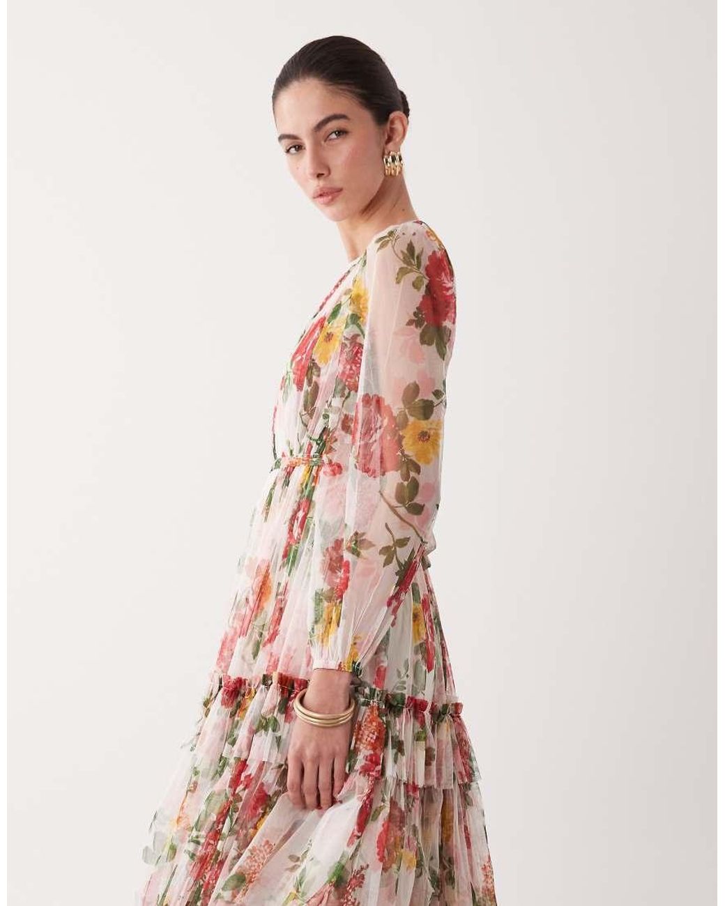 LACE & BEADS Pink Tulle Sheer Balloon Sleeve Tiered Midaxi Dress