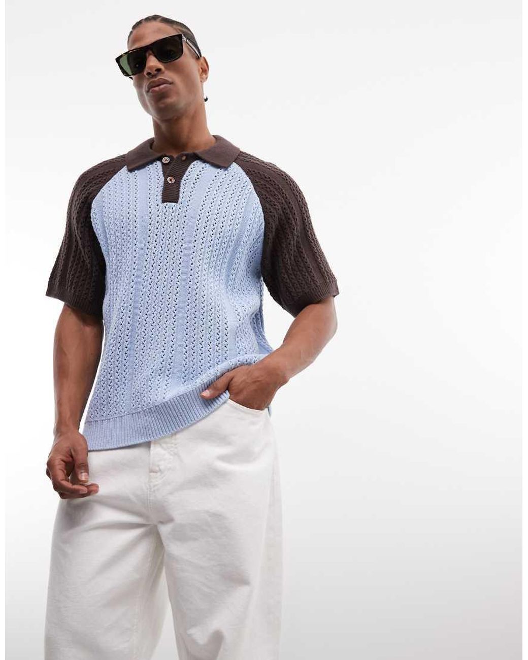 Obey Blue Abel Knitted Polo Shirt With Contrasting Sleeves for men