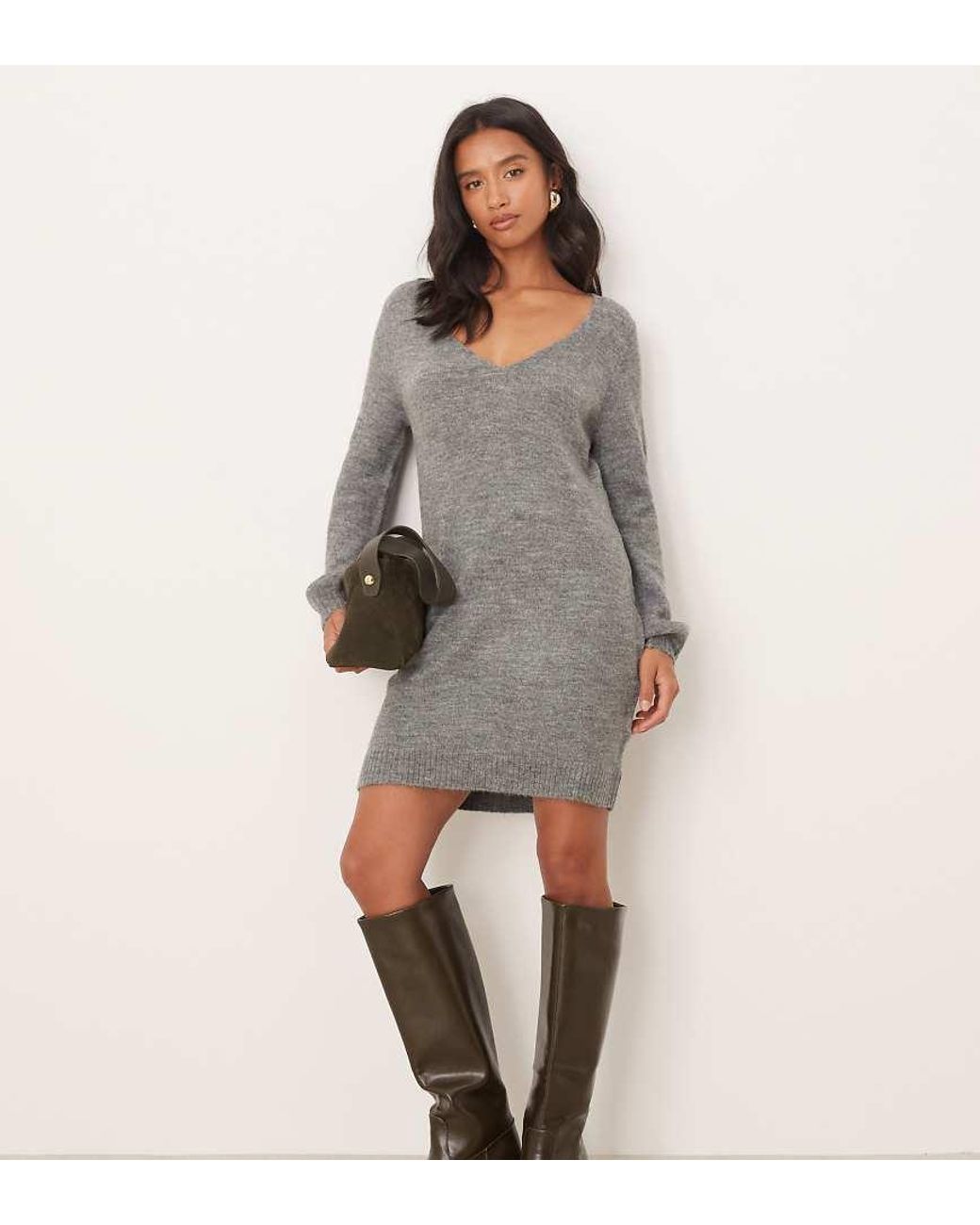 JDY Petite Gray V-neck Knitted Mini Dress