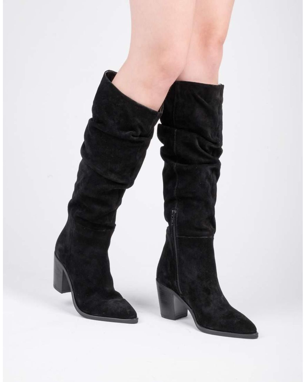 OFF THE HOOK Black Muswell Suede Leather Slouchy Knee-High Block Heel Boots