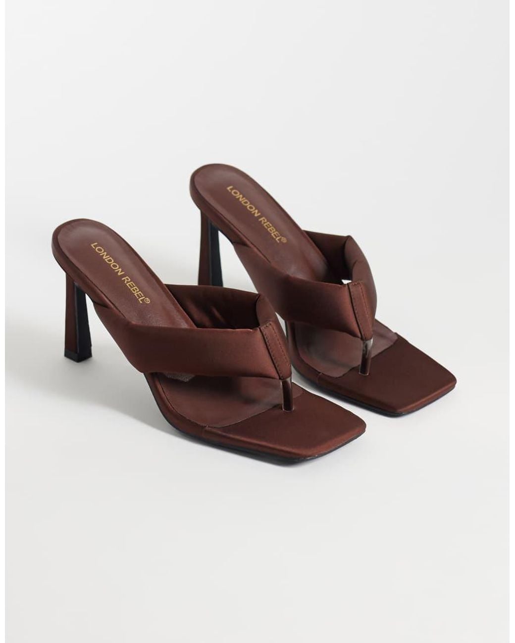 London Rebel Brown Seren Satin Thong Heeled Sandals