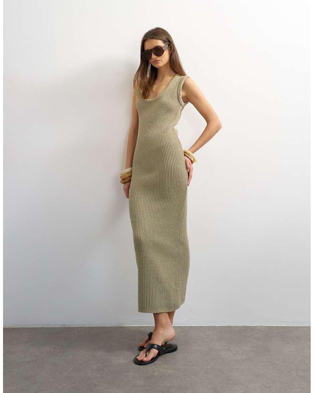 TOPSHOP Green Knitted Tubular Trim Scoop Neck Maxi Dress