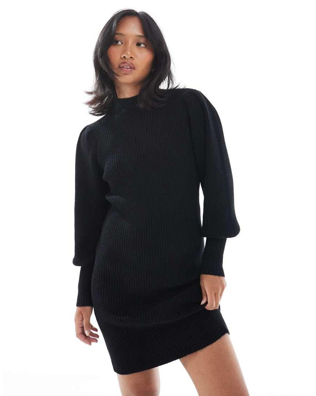 Only Petite Black High Neck Puff Sleeve Mini Jumper Dress