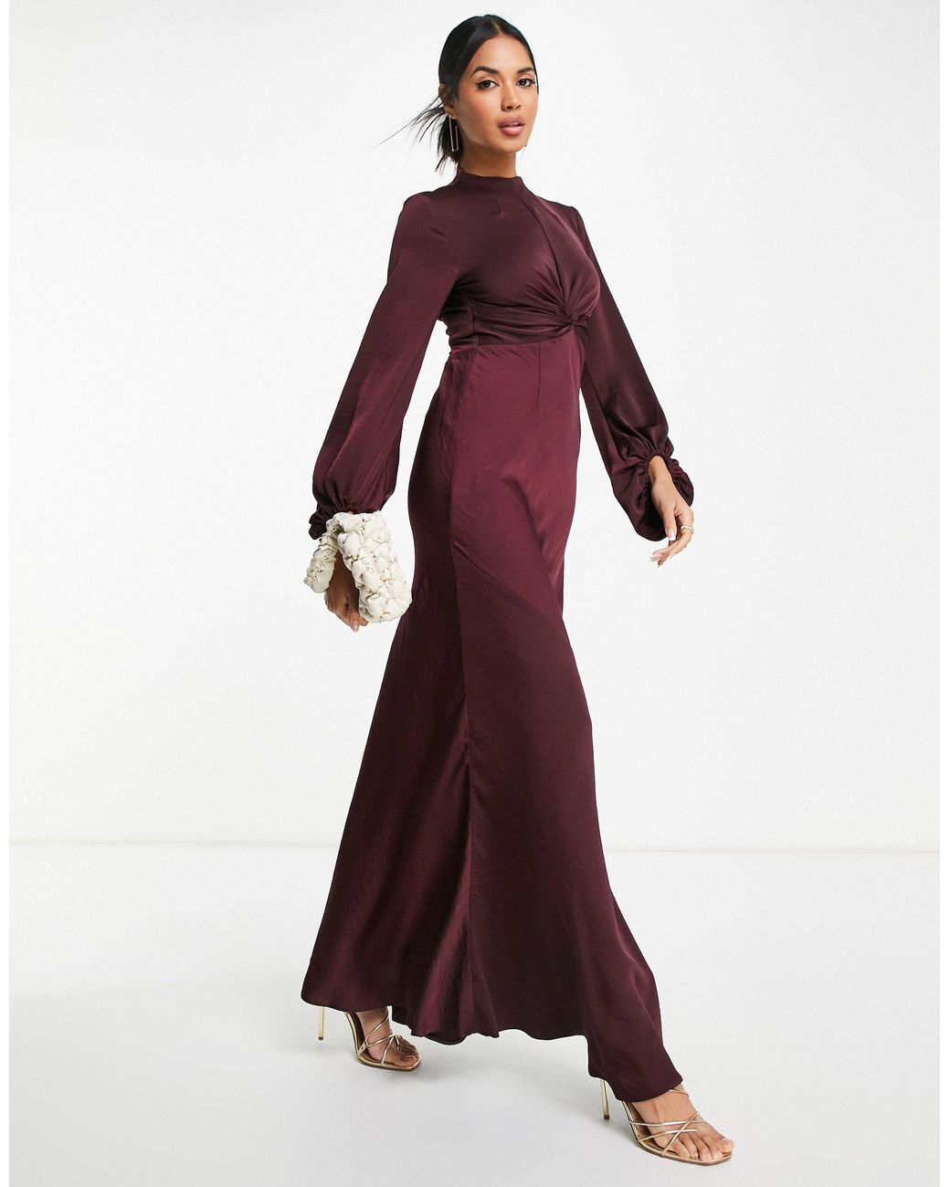 ASOS Satin Twist Bodice Maxi Dress With Blouson Sleeves in Red | Lyst Canada