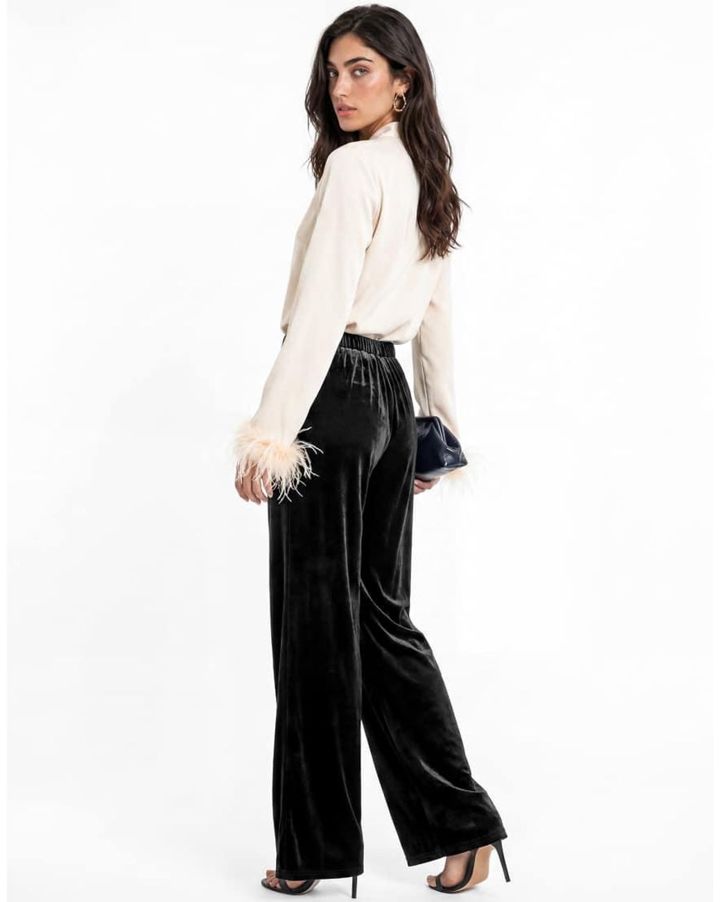 Lovedrobe White Pussybow Collar Feather Cuffs Satin Blouse