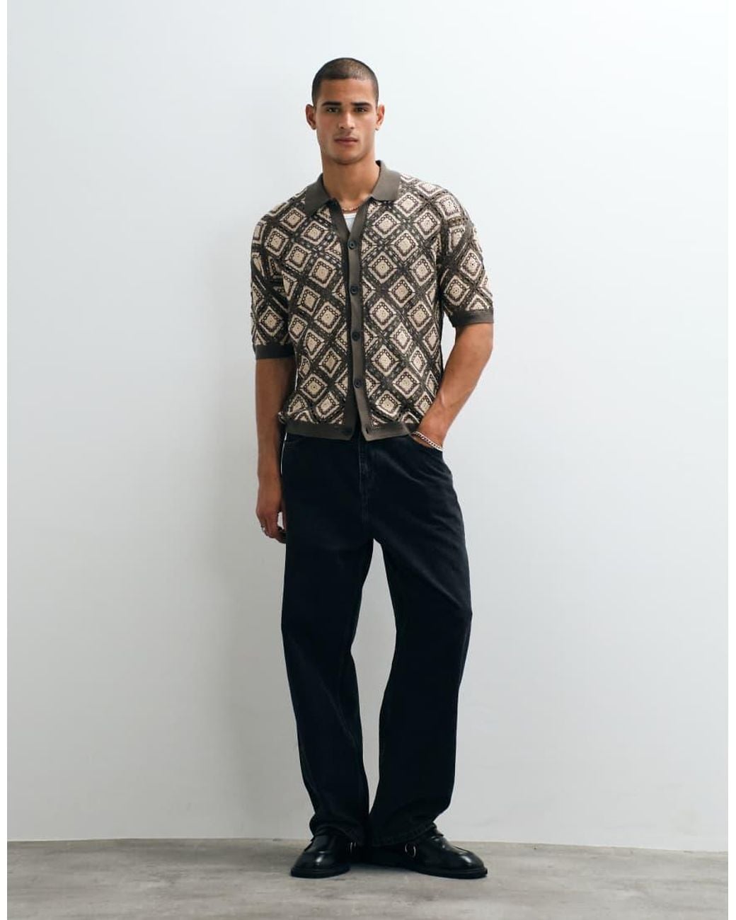AllSaints Black Morena Short Sleeve Patch Knit Cardigan Shirt for men