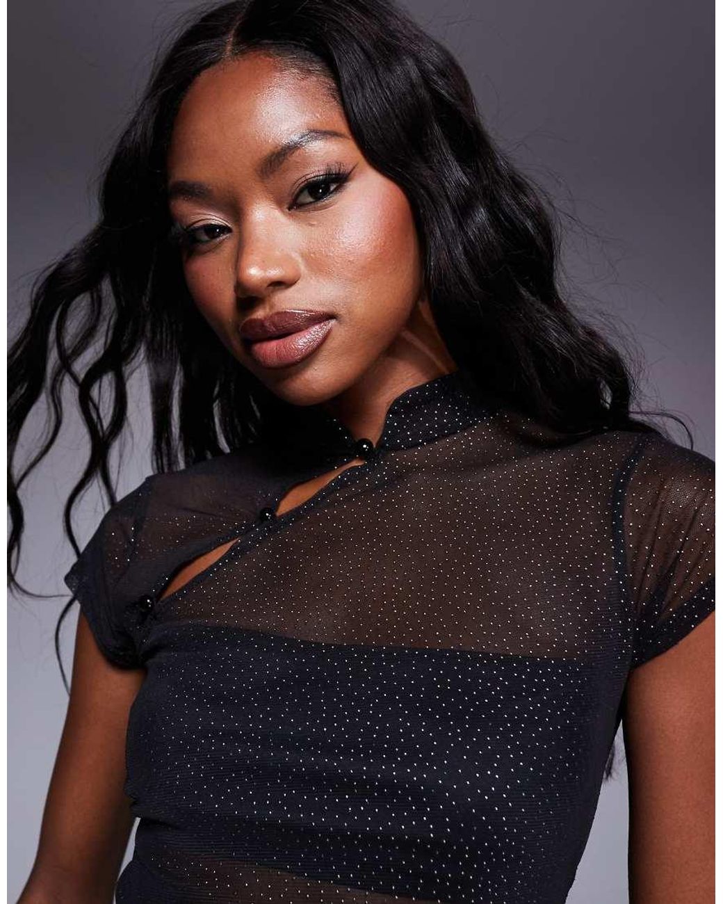 ASOS Black Glitter Mesh Fitted Short Sleeve Lace Top With Rouleau Buttons