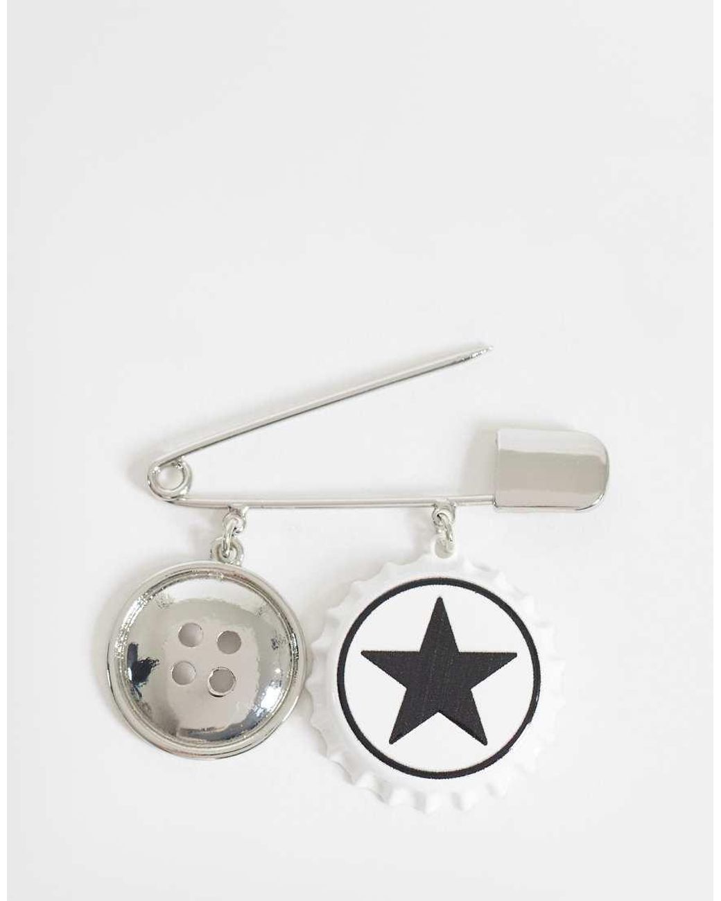 ASOS White Button And Bottle Cap Safety Pin Brooch for men