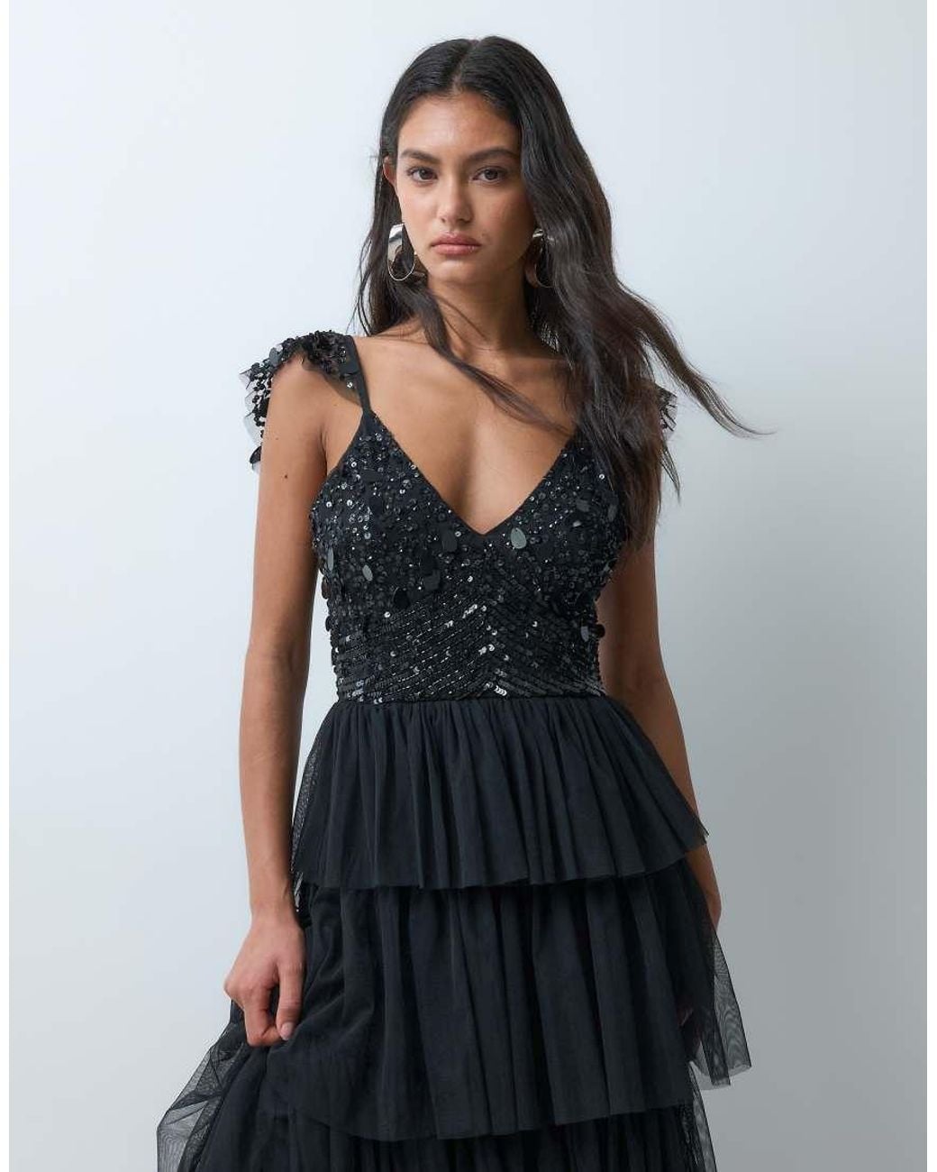 LACE & BEADS Blue Embellished Plunge Neck Cami Flutter Sleeve Tiered Skirt Maxi Dress